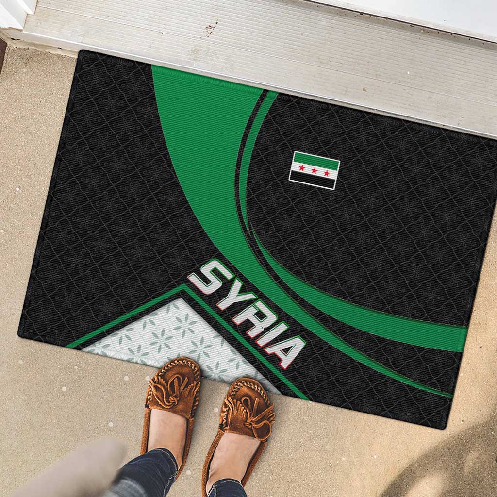 Syria Revolution Emblem Rubber Doormat with Traditional Pattern and Curved Green Black Design