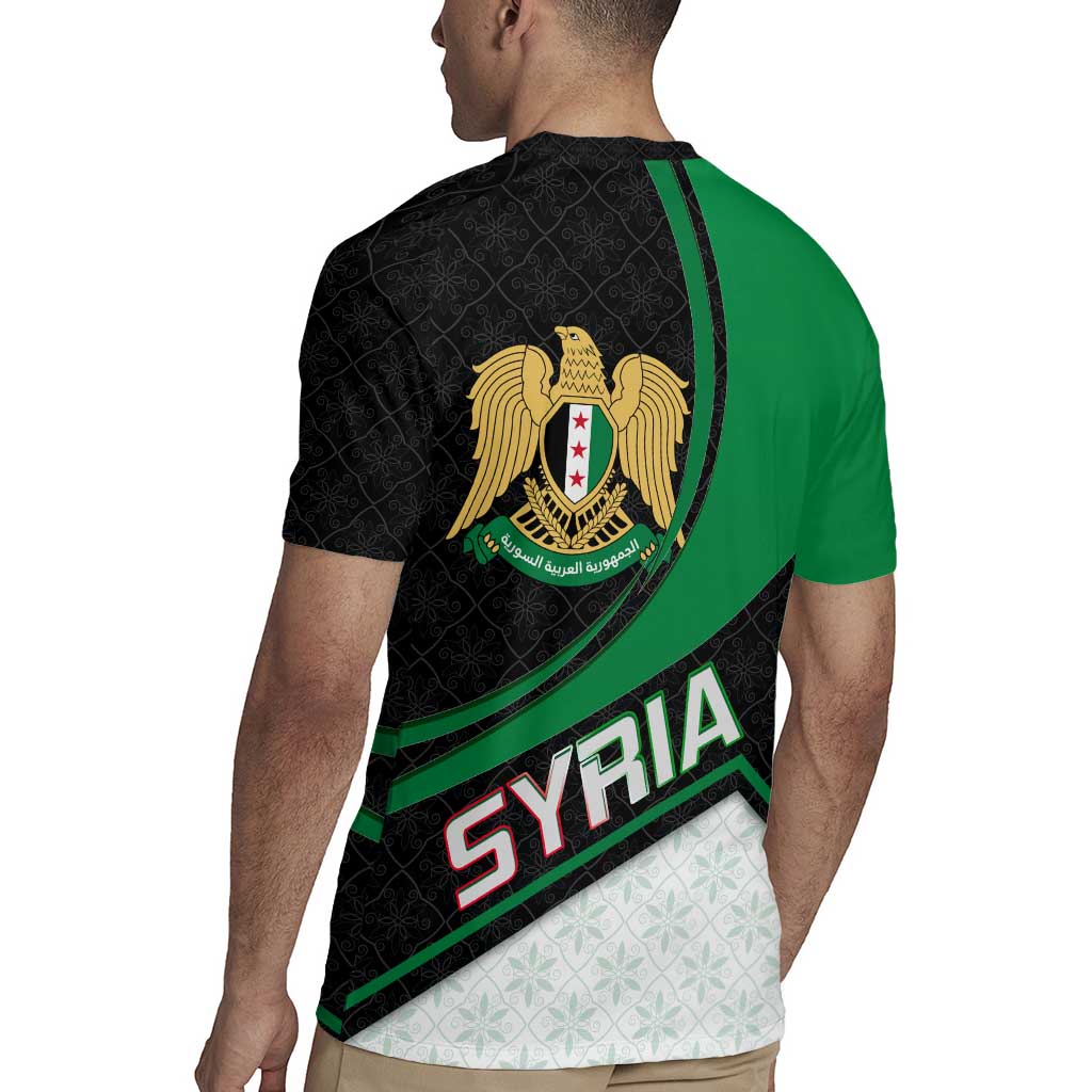 Syria Revolution Emblem Rugby Jersey with Traditional Pattern and Curved Green Black Design