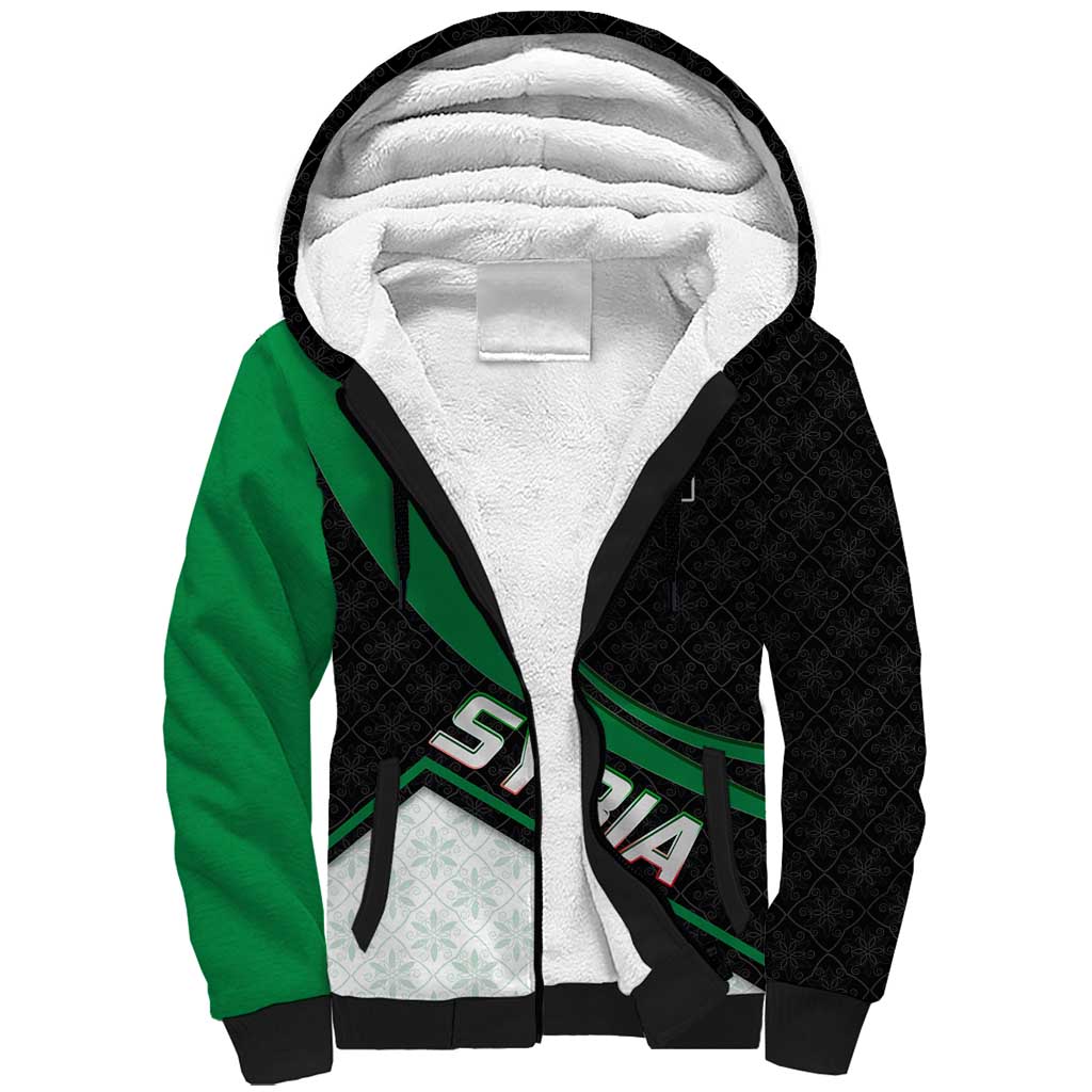 Syria Revolution Emblem Sherpa Hoodie with Traditional Pattern and Curved Green Black Design