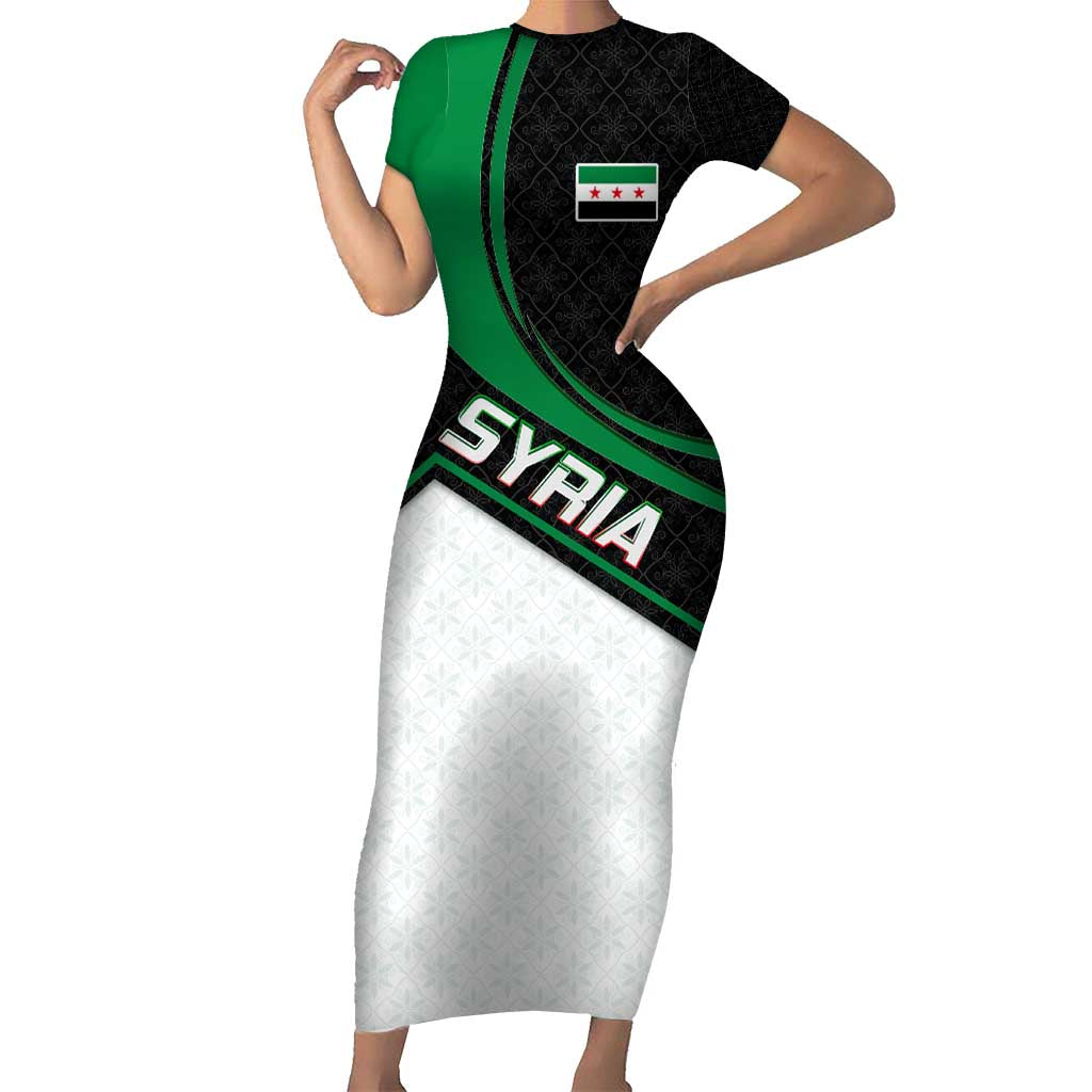 Syria Revolution Emblem Short Sleeve Bodycon Dress with Traditional Pattern and Curved Green Black Design