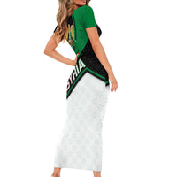 Syria Revolution Emblem Short Sleeve Bodycon Dress with Traditional Pattern and Curved Green Black Design