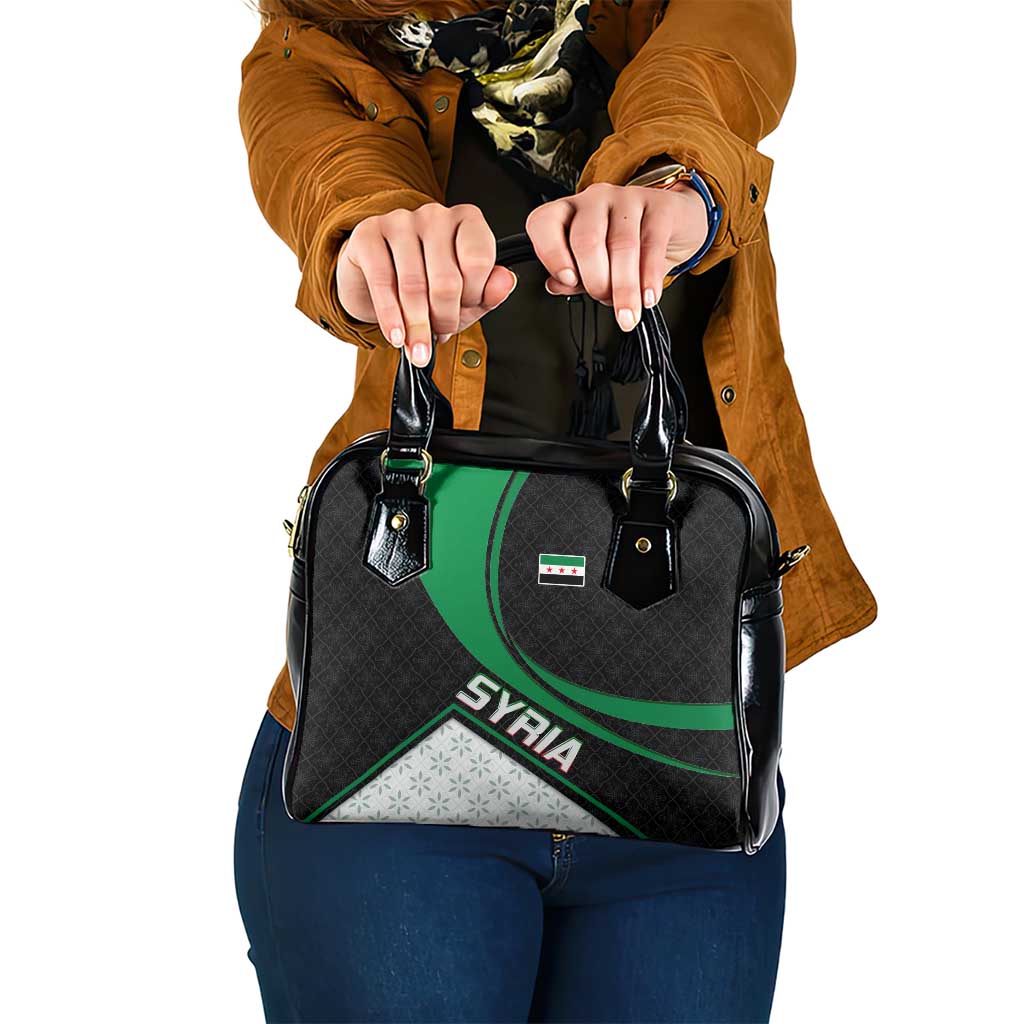Syria Revolution Emblem Shoulder Handbag with Traditional Pattern and Curved Green Black Design