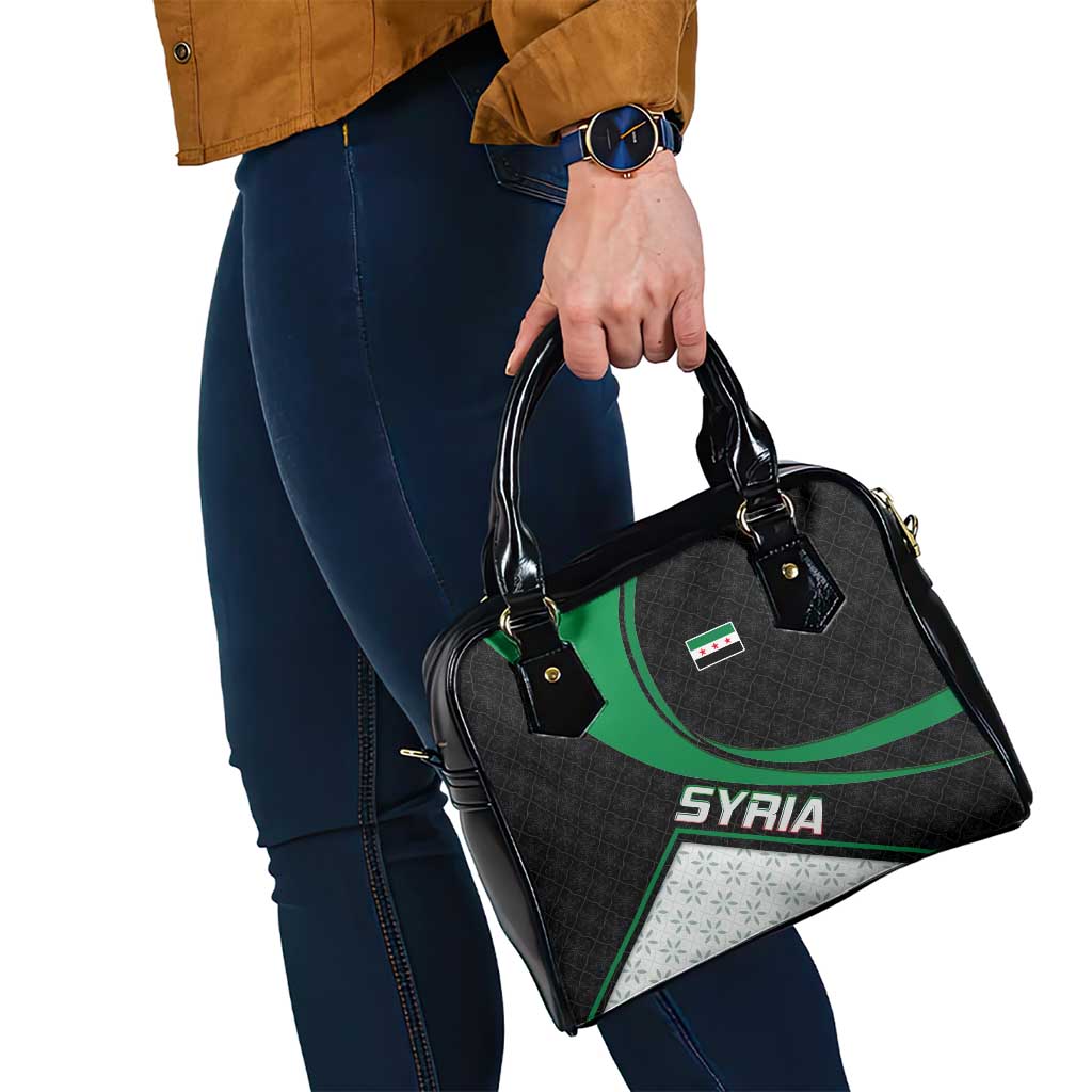Syria Revolution Emblem Shoulder Handbag with Traditional Pattern and Curved Green Black Design
