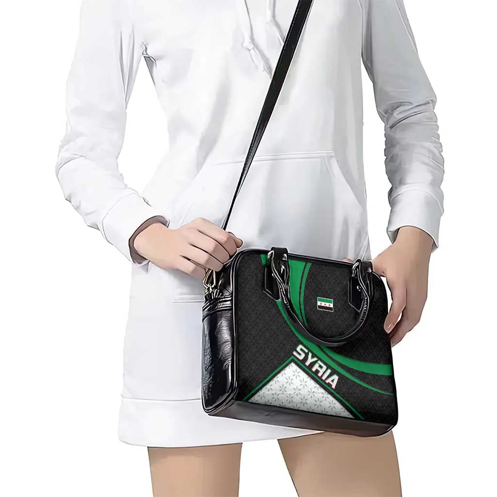 Syria Revolution Emblem Shoulder Handbag with Traditional Pattern and Curved Green Black Design