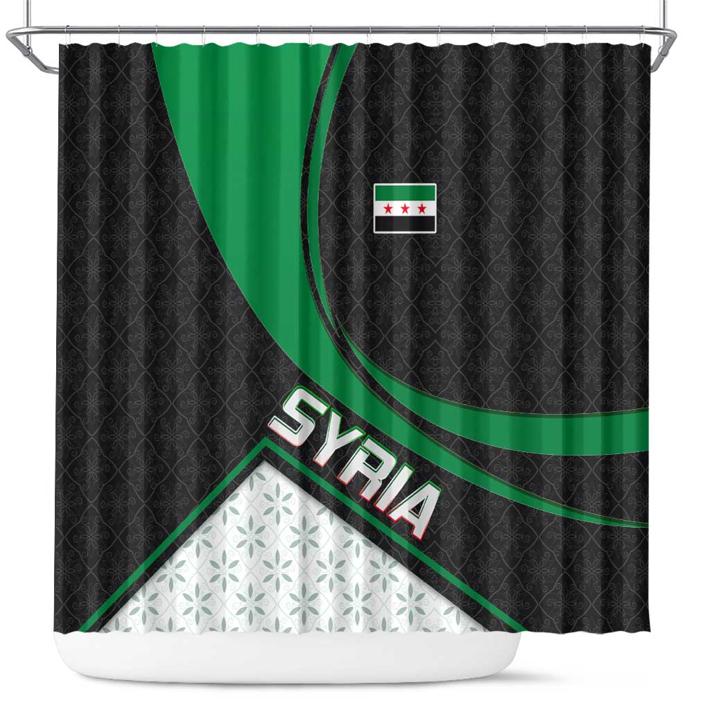 Syria Revolution Emblem Shower Curtain with Traditional Pattern and Curved Green Black Design