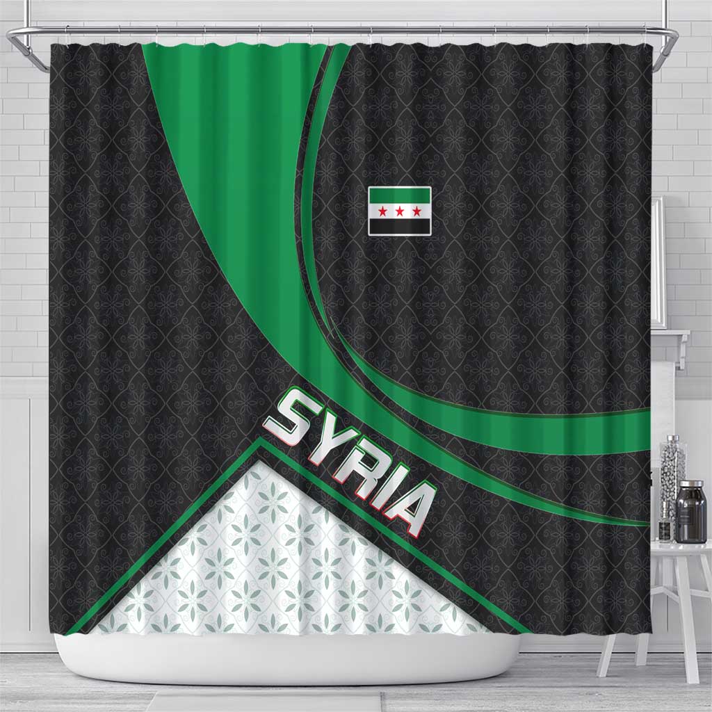 Syria Revolution Emblem Shower Curtain with Traditional Pattern and Curved Green Black Design