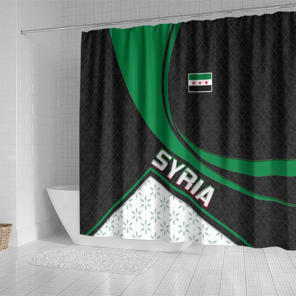 Syria Revolution Emblem Shower Curtain with Traditional Pattern and Curved Green Black Design