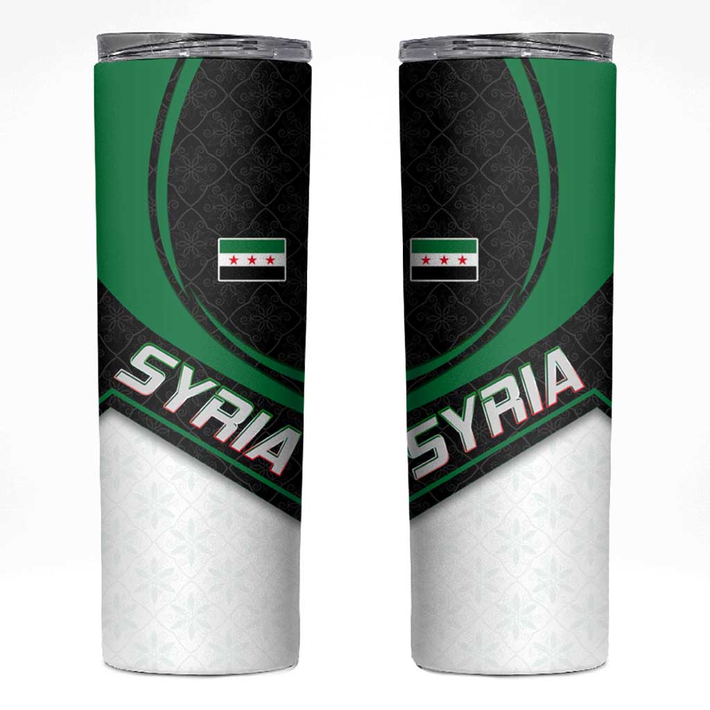Syria Revolution Emblem Skinny Tumbler with Traditional Pattern and Curved Green Black Design