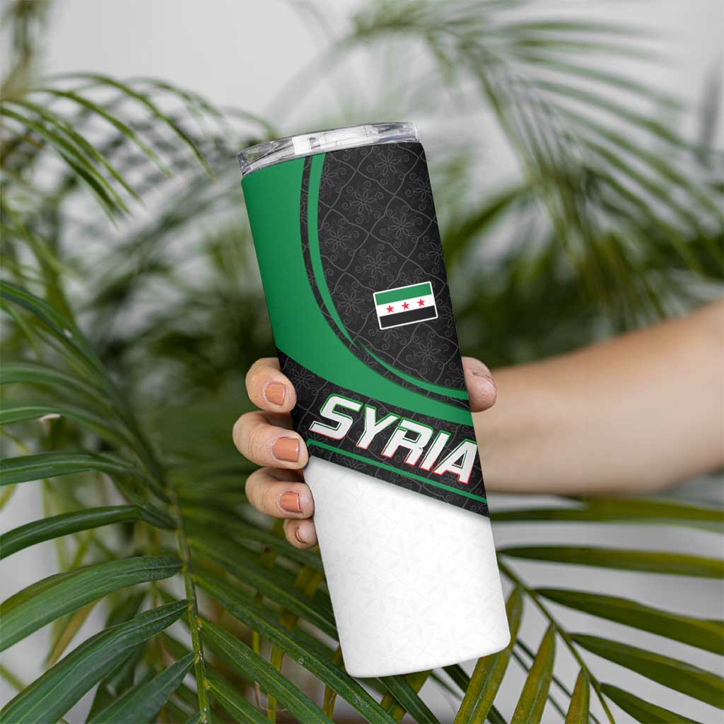 Syria Revolution Emblem Skinny Tumbler with Traditional Pattern and Curved Green Black Design