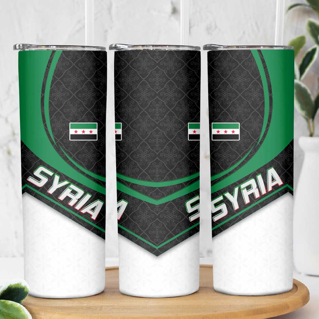 Syria Revolution Emblem Skinny Tumbler with Traditional Pattern and Curved Green Black Design