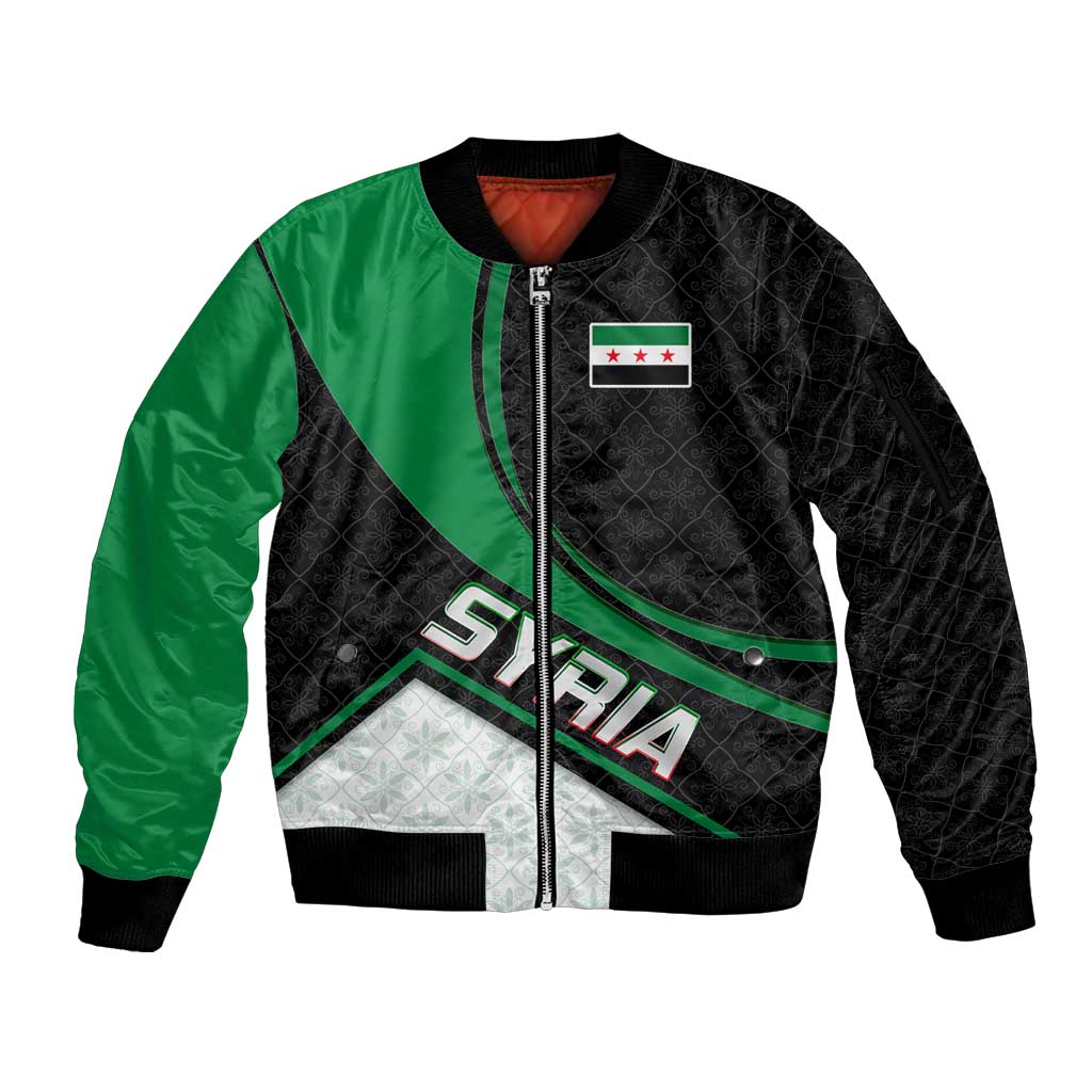 Syria Revolution Emblem Sleeve Zip Bomber Jacket with Traditional Pattern and Curved Green Black Design
