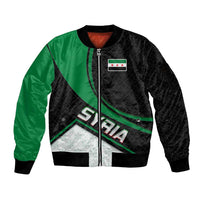 Syria Revolution Emblem Sleeve Zip Bomber Jacket with Traditional Pattern and Curved Green Black Design
