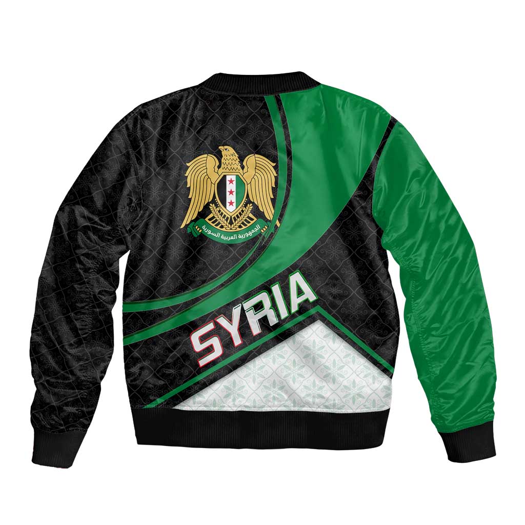 Syria Revolution Emblem Sleeve Zip Bomber Jacket with Traditional Pattern and Curved Green Black Design
