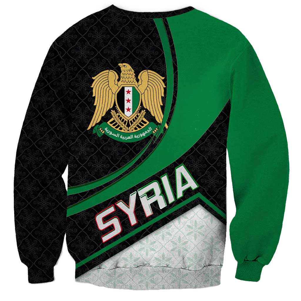 Syria Revolution Emblem Sweatshirt with Traditional Pattern and Curved Green Black Design