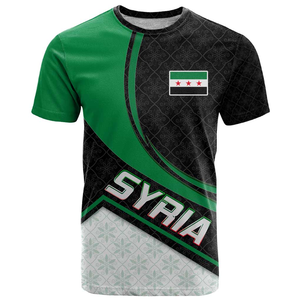 Syria Revolution Emblem T Shirt with Traditional Pattern and Curved Green Black Design
