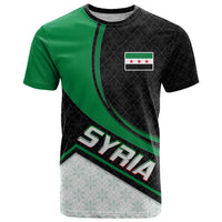 Syria Revolution Emblem T Shirt with Traditional Pattern and Curved Green Black Design