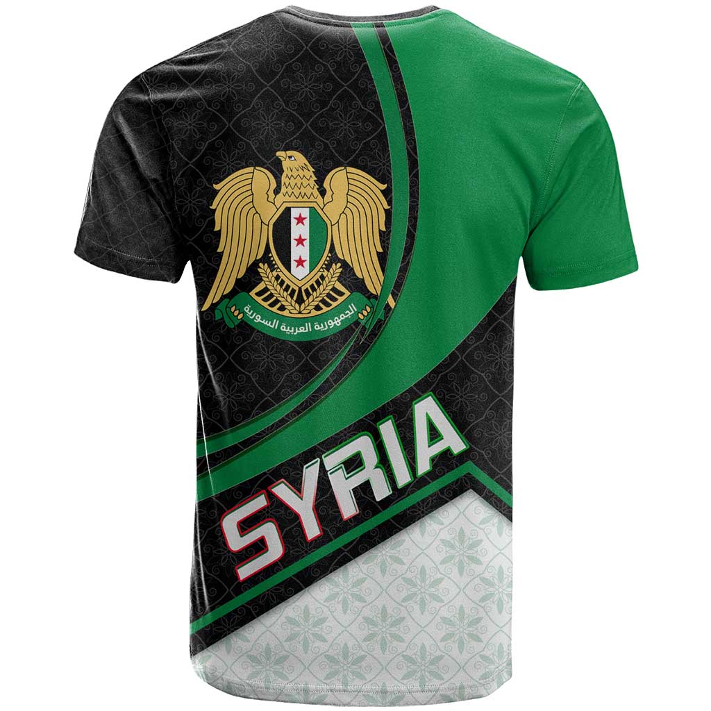 Syria Revolution Emblem T Shirt with Traditional Pattern and Curved Green Black Design