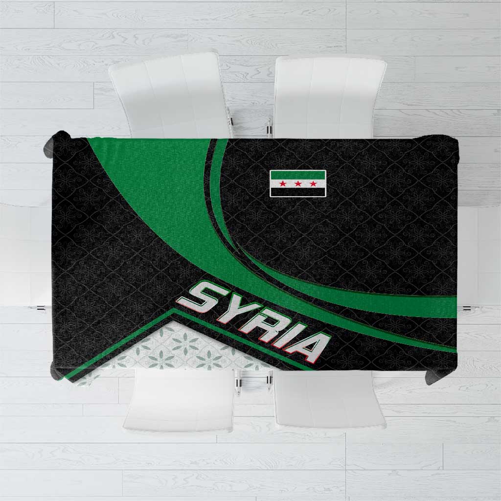 Syria Revolution Emblem Tablecloth with Traditional Pattern and Curved Green Black Design