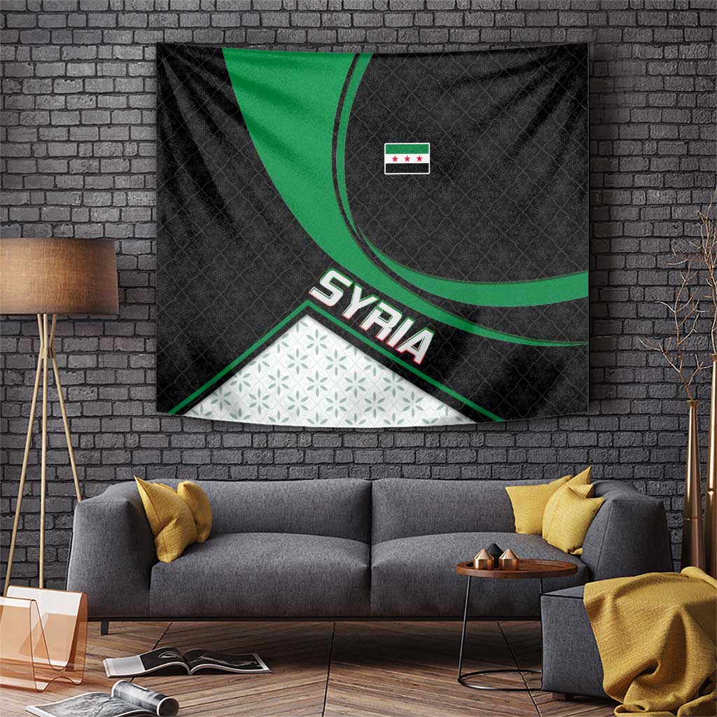 Syria Revolution Emblem Tapestry with Traditional Pattern and Curved Green Black Design