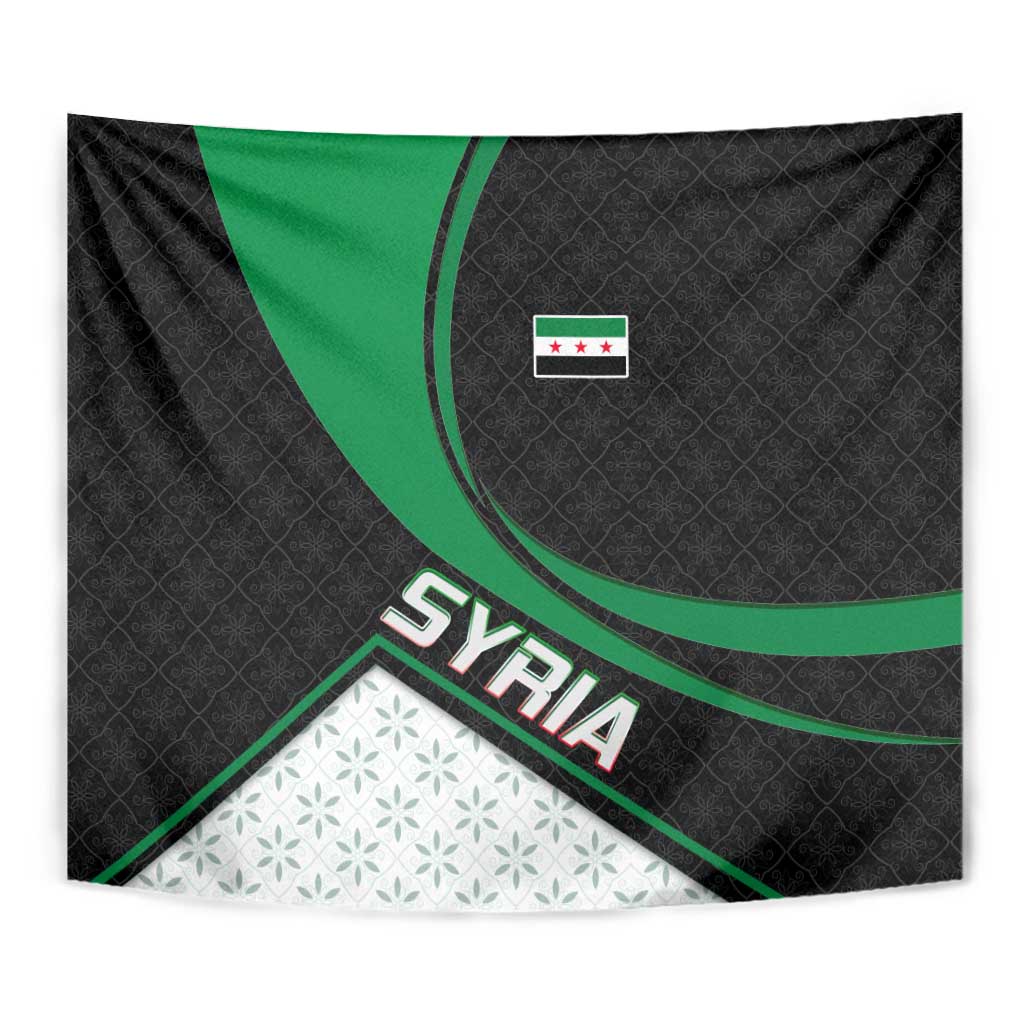 Syria Revolution Emblem Tapestry with Traditional Pattern and Curved Green Black Design
