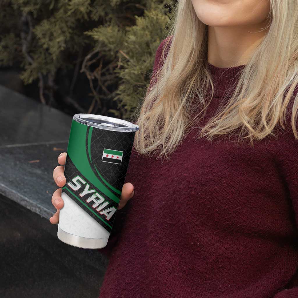 Syria Revolution Emblem Tumbler Cup with Traditional Pattern and Curved Green Black Design
