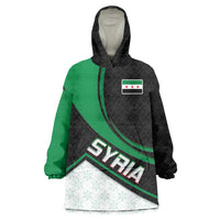 Syria Revolution Emblem Wearable Blanket Hoodie with Traditional Pattern and Curved Green Black Design