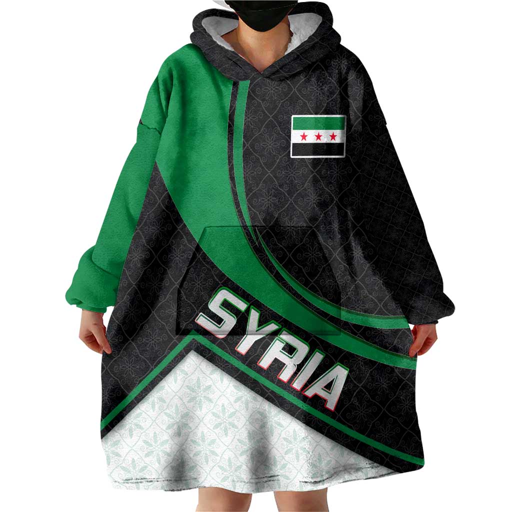 Syria Revolution Emblem Wearable Blanket Hoodie with Traditional Pattern and Curved Green Black Design