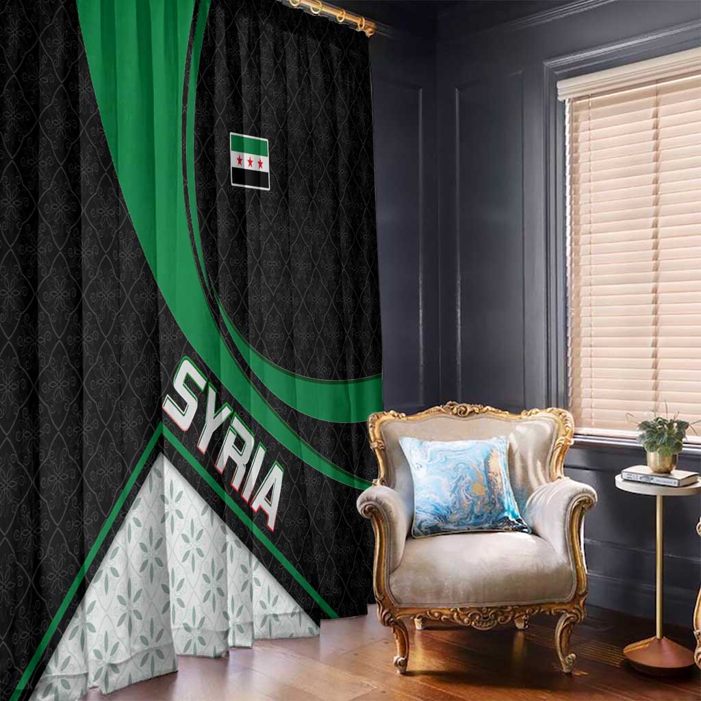 Syria Revolution Emblem Window Curtain with Traditional Pattern and Curved Green Black Design