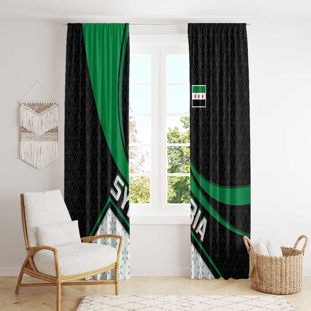 Syria Revolution Emblem Window Curtain with Traditional Pattern and Curved Green Black Design