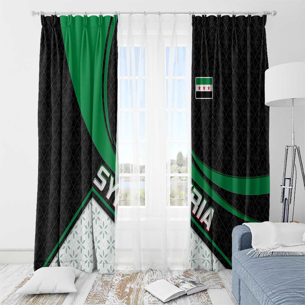 Syria Revolution Emblem Window Curtain with Traditional Pattern and Curved Green Black Design