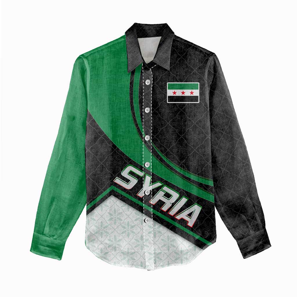 Syria Revolution Emblem Women Casual Shirt with Traditional Pattern and Curved Green Black Design