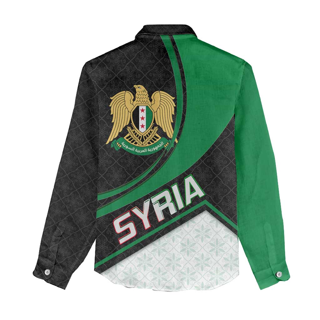 Syria Revolution Emblem Women Casual Shirt with Traditional Pattern and Curved Green Black Design
