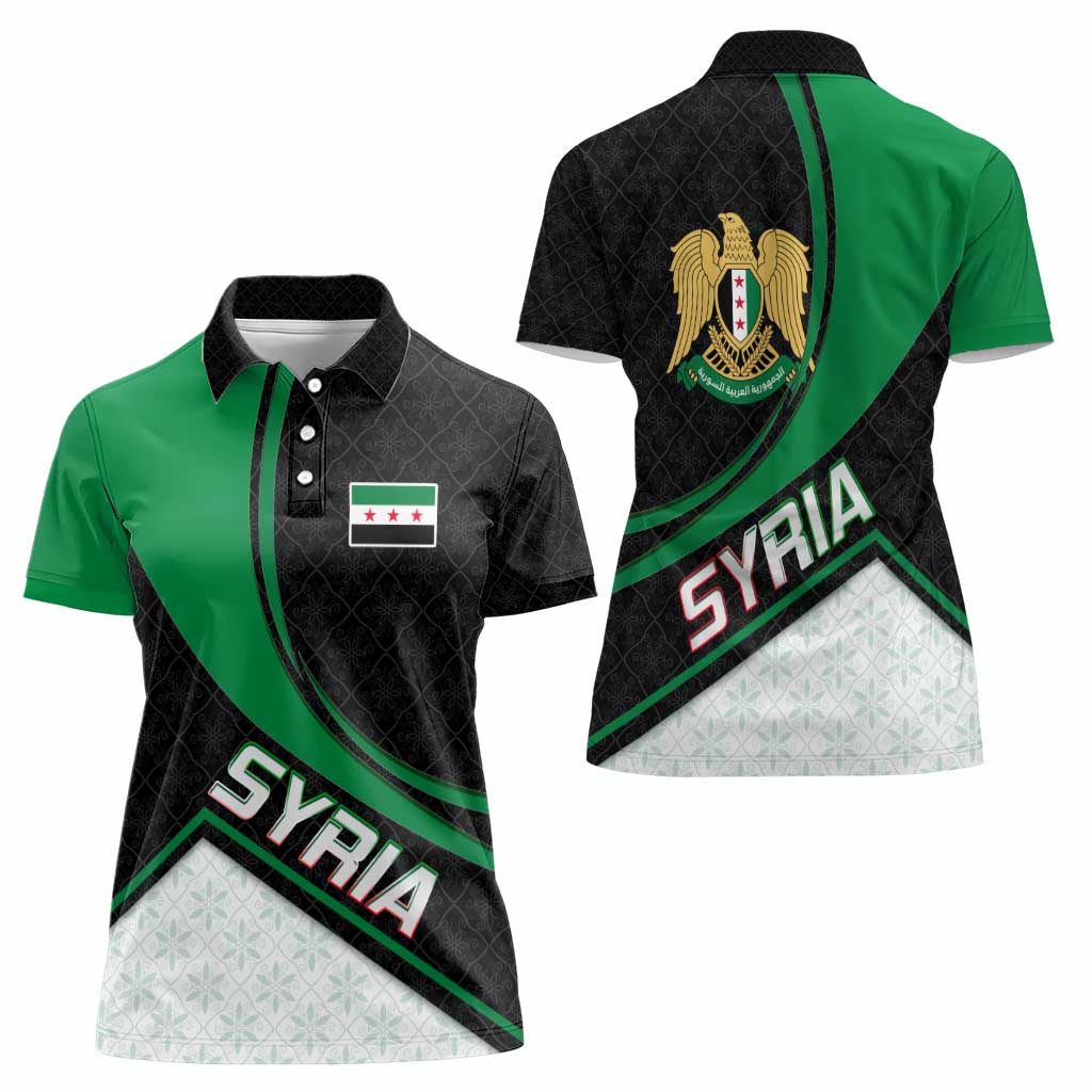 Syria Revolution Emblem Women Polo Shirt with Traditional Pattern and Curved Green Black Design