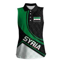 Syria Revolution Emblem Women Sleeveless Polo Shirt with Traditional Pattern and Curved Green Black Design