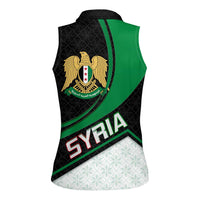 Syria Revolution Emblem Women Sleeveless Polo Shirt with Traditional Pattern and Curved Green Black Design