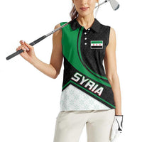 Syria Revolution Emblem Women Sleeveless Polo Shirt with Traditional Pattern and Curved Green Black Design