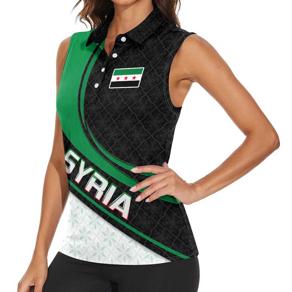 Syria Revolution Emblem Women Sleeveless Polo Shirt with Traditional Pattern and Curved Green Black Design