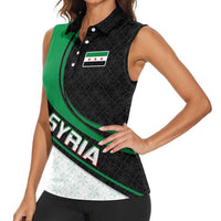 Syria Revolution Emblem Women Sleeveless Polo Shirt with Traditional Pattern and Curved Green Black Design