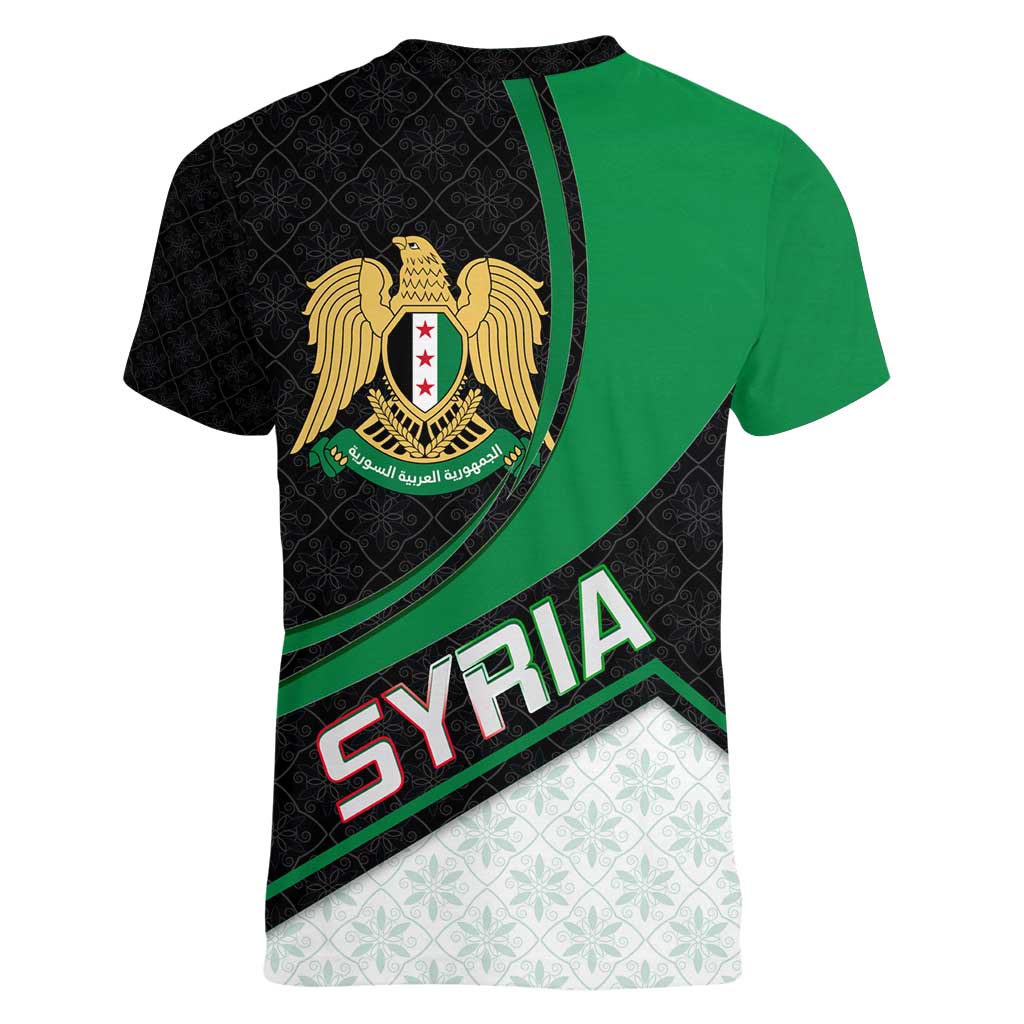 Syria Revolution Emblem Women V-Neck T-Shirt with Traditional Pattern and Curved Green Black Design
