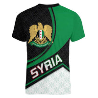 Syria Revolution Emblem Women V-Neck T-Shirt with Traditional Pattern and Curved Green Black Design