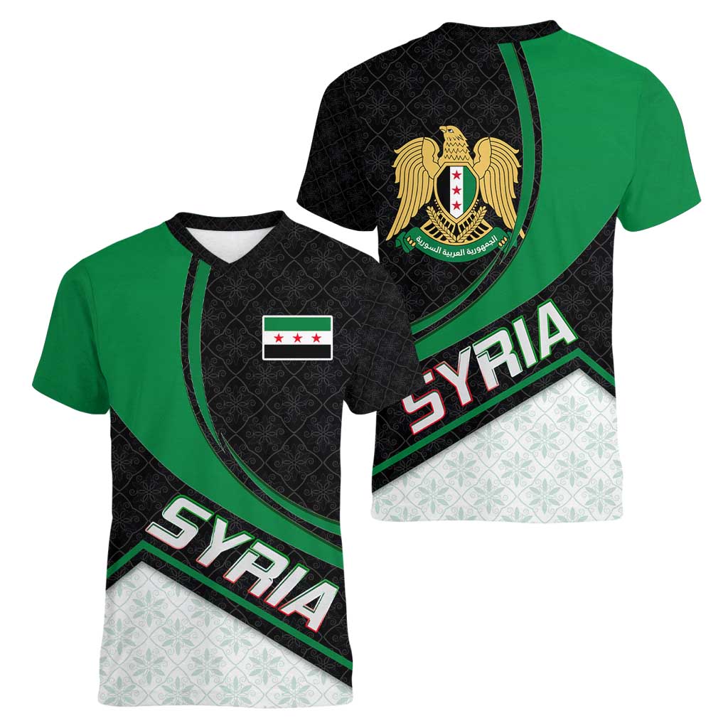 Syria Revolution Emblem Women V-Neck T-Shirt with Traditional Pattern and Curved Green Black Design