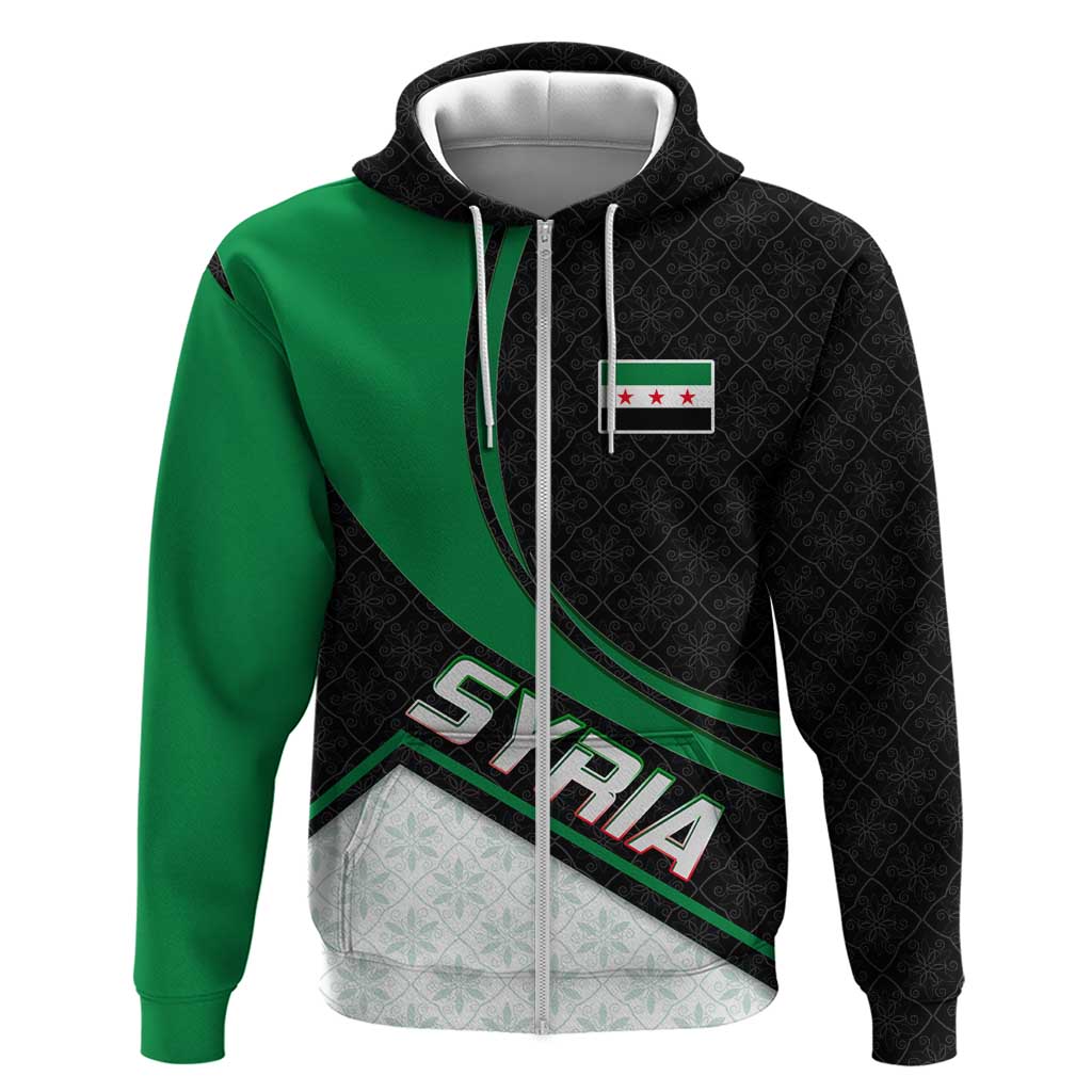 Syria Revolution Emblem Zip Hoodie with Traditional Pattern and Curved Green Black Design