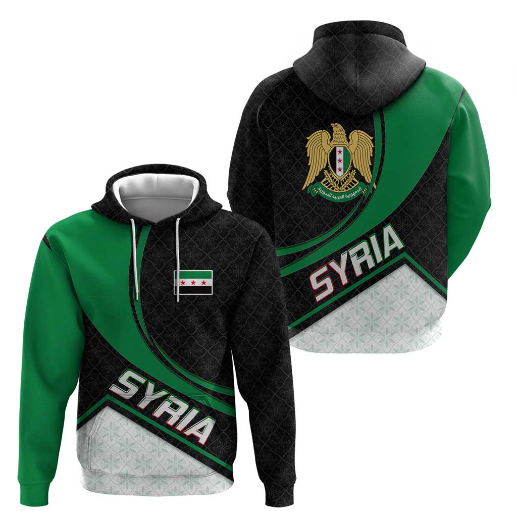 Syria Revolution Emblem Zip Hoodie with Traditional Pattern and Curved Green Black Design