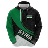 Syria Revolution Emblem Zip Hoodie with Traditional Pattern and Curved Green Black Design