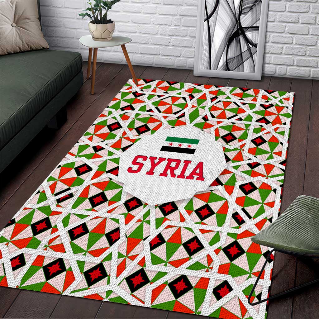 Syria Geometric Pattern Area Rug with Traditional Arab Tile Motif and Flag Emblem