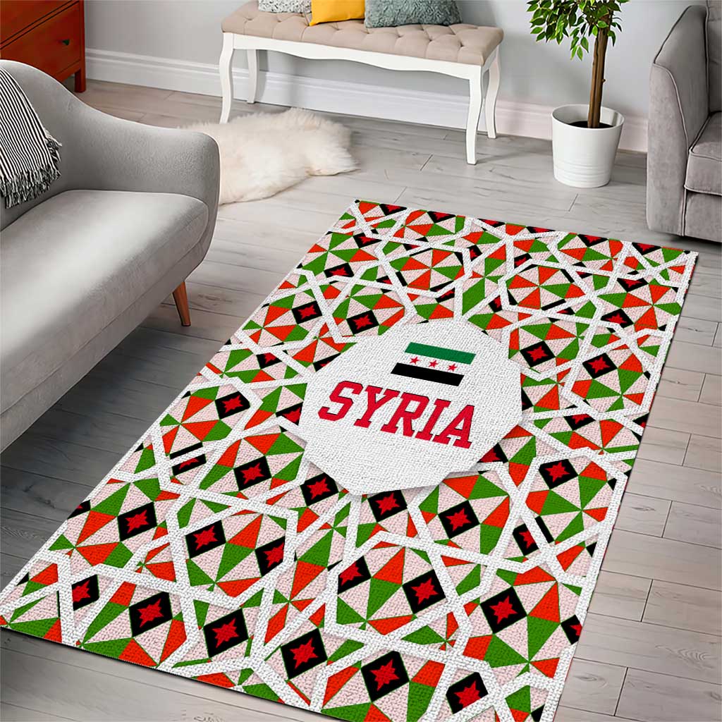 Syria Geometric Pattern Area Rug with Traditional Arab Tile Motif and Flag Emblem