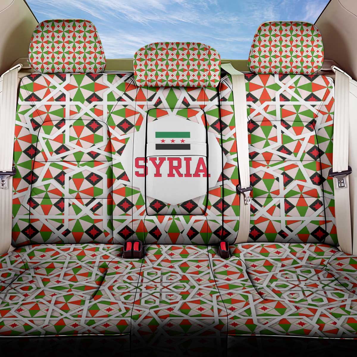 Syria Geometric Pattern Back Car Seat Cover with Traditional Arab Tile Motif and Flag Emblem