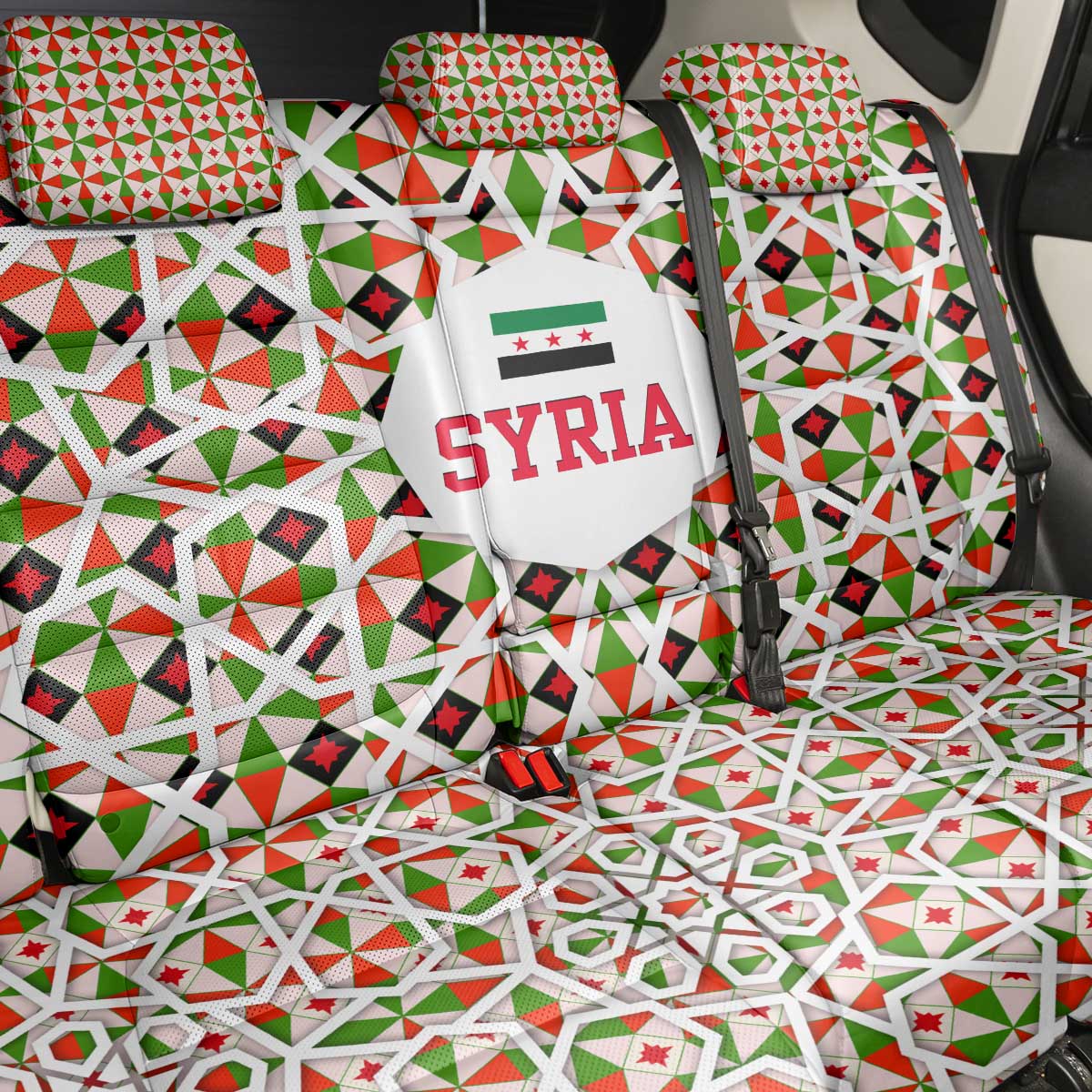 Syria Geometric Pattern Back Car Seat Cover with Traditional Arab Tile Motif and Flag Emblem