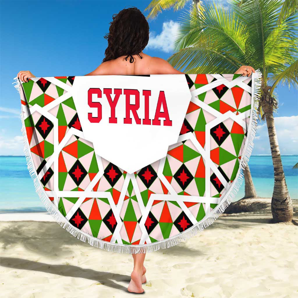 Syria Geometric Pattern Beach Blanket with Traditional Arab Tile Motif and Flag Emblem
