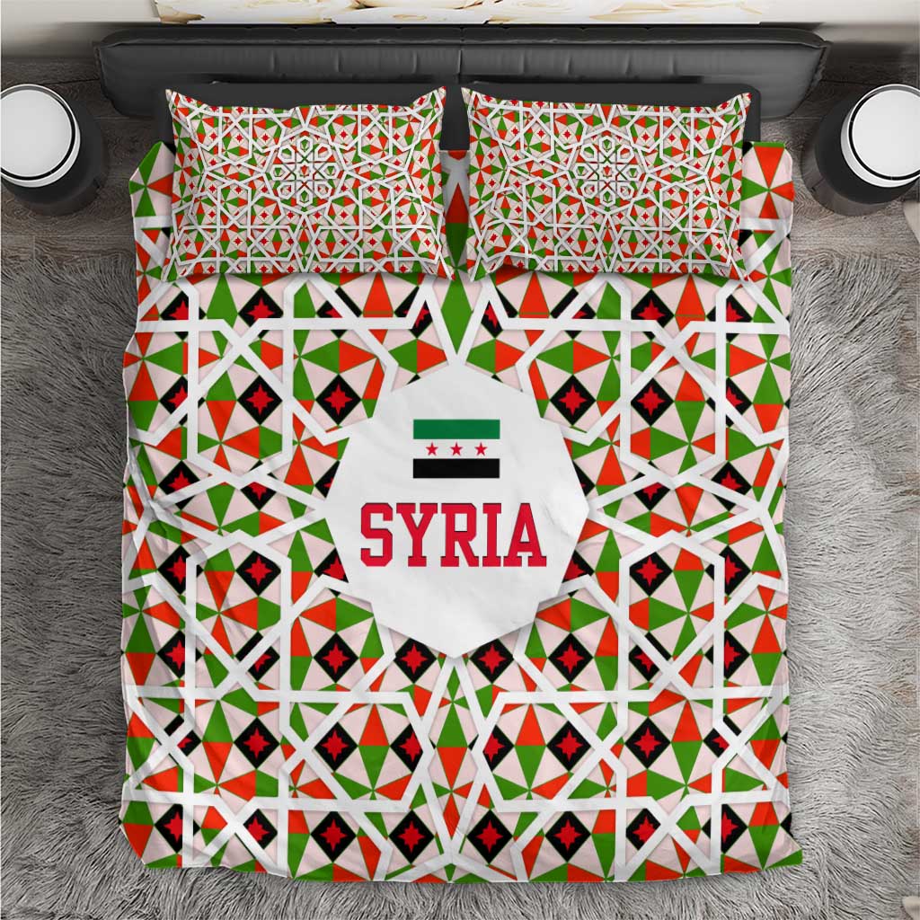 Syria Geometric Pattern Bedding Set with Traditional Arab Tile Motif and Flag Emblem